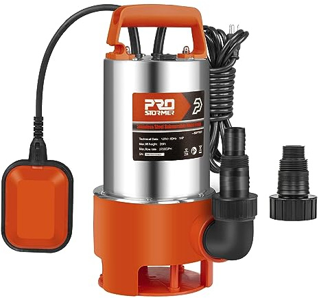 Prostormer Sump Pump, 1HP 3700GPH Submersible Clean/Dirty Stainless Steel Water Pump with Float Switch for Fresh Water, Mains Water, and Pool Water Orange