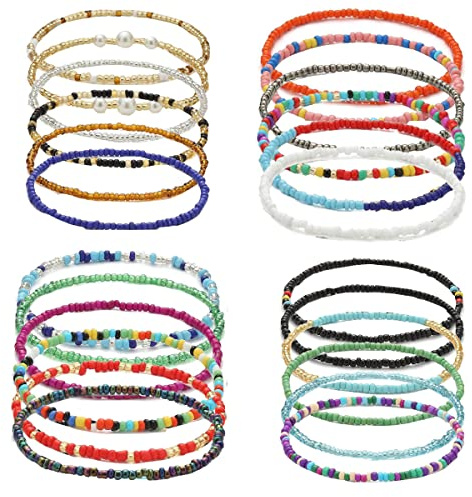 yfstyle 24PCS Boho Beaded Anklet for Women Elastic Anklets Colorful Beaded Ankle Bracelet Handmade Adjustable Elastic Anklets Boho Style Bead Anklet-24