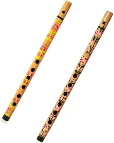 Decorative Traditional Handmade Wooden Bamboo Flute Basuri Indian Musical Instrument for gifting and Decoration (Red and Pink Flower-Set of 2)
