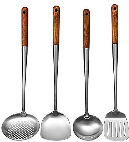 COJJ Langer Rostfreier Wok Spachtel KüChe Schlitz Wender SchöPfen Kelle Kochen Werkzeuge Utensilien Set