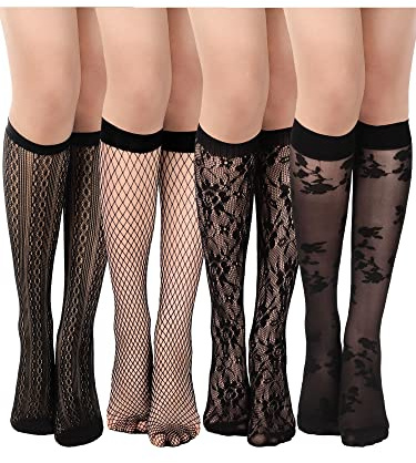Geyoga 4 Paia Calze al Ginocchio a Rete da Donna Calzini Gambaletti Bianchi Calze Incavate (Stile Elegante, Taglia Unica)