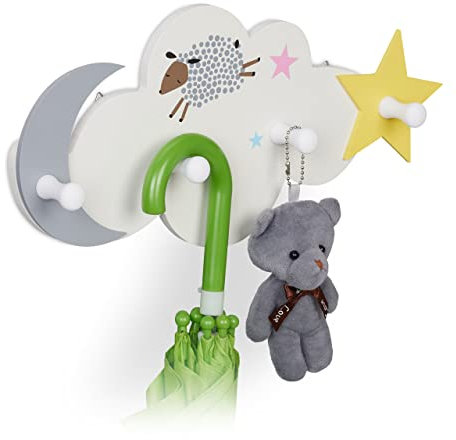 Relaxdays Kindergarderobe Wolke, Wandhakenleiste, HBT: 16,5 x 34,5 x 5 cm, MDF, Kindergarderobenhaken, Nachthimmel, weiß