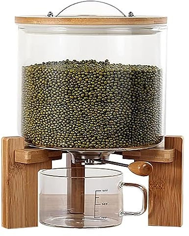 RAAMKA Rice Dispenser Flour Cereal Container with Wood Stand Glass Grain Dispenser with Airtight Lid Food Storge Container for Kitchen Organization and Pantry Store(5L)