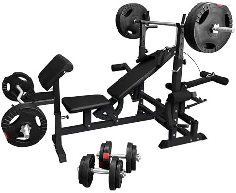 GORILLA SPORTS® Hantelbank - inkl. 100kg Hantelset, Ablage, Dip-Station, Curlpult, Beincurler, Butterfly, Latzug, Verstellbar, Schwarz/Weiß - Multifunktion Trainingsbank mit Gewichten, Kraftstation