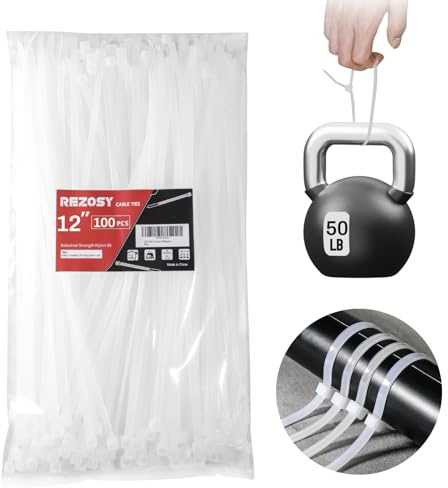 REZOSY White Zip Ties 12 Inch 100 Pack Clear Tensile Strength 50 lbs UV Resistant Industrial Cable Ties Self Locking Zipties Wire Ties Wrap Indoor Out