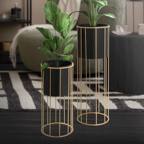 ML-Design Blumenständer 2er Set, Schwarz-Gold, 21x46,7/24x70,5 cm, rund, Stahl, Blumentopfständer mit Übertopf, Metall Pflanzenständer, Blumentopfhalter 2-tlg, Pflanztopf Deko Blumensäule Blumenhocker