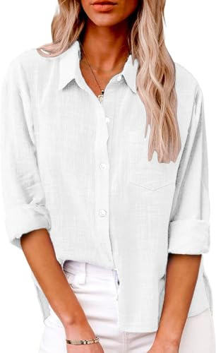 Friptspyg Donna da Camicia Manica Lunghe Scollo a V Chiusura con Bottoni 100% Cotone Casual Blusa con Tasca vestibilità Ampia Versatile per L'Estate, Bianco L