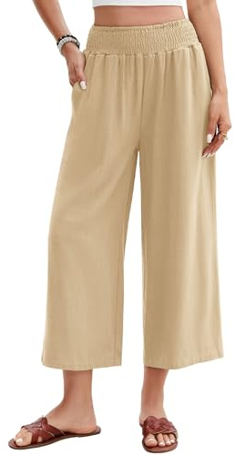 UMIPUBO Pantaloni Lino Donna Estivi Leggeri Cotone Larghi 3/4 Pantalone Elastica Vita Alta Eleganti Gamba Larga Palazzo Pants Casual Sportivi Pantaloni da Spiaggia con Tasche (Cachi, M)