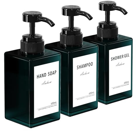3 Pezzi Dispenser Sapone, Dispenser Sapone Bagno 450 ml con Etichetta per Bagno Doccia Cucina Shampoo e Bagnoschiuma - Blu