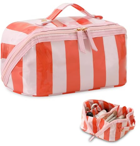 DYSHAYEN Stripe Travel Makeup Bag with Compartments Clear Coated Cosmetic Bag for Women, Waterproof Portable Open Flat Toiletry bag （Pink-Orange）