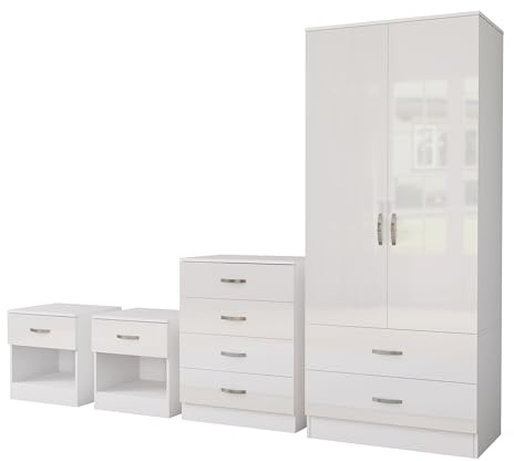 Nera Gloss White 4 Piece Bedroom Furniture Set 2 Door Wardrobe with 2 Drawers Chest of 4 Drawers & Two Bedside Table Bedroom Set