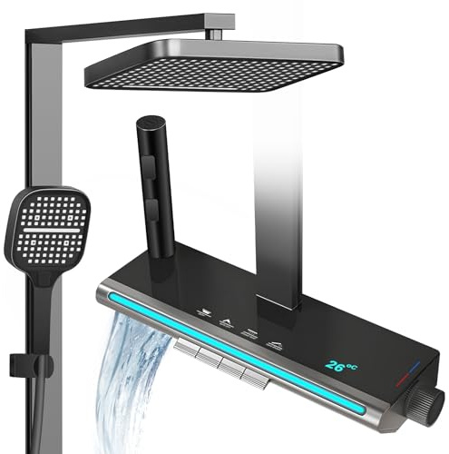 Duscharmatur komplett set med temperatur LED-skärm, duschsystem svart inklusive belysning, 32x22 cm huvud och 3-funktion handdusch, 1,5 m slang