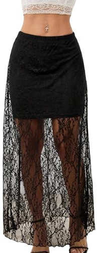 GORGLITTER spetskjol för kvinnor, elegant hög midja, spetskjol, A-linje, maxikjol, långa kjolar, blommönster, fritidskjol, genomskinlig festkjol, svart, XXS