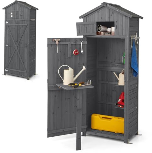 HOMASIS Gerätehaus Holz, Gartenschrank Outdoor wetterfest, Geräteschuppen mit faltbar Tisch & 8 Haken, Gartenhaus mit Satteldach, Geräteschrank Gartenschuppen Holzhaus Holzschuppen (Grau)
