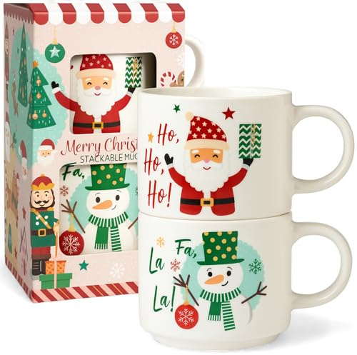 MIJOMA Julmuggar, set om 2, stapelbara porslinsmuggar, 350 ml med snögubbe och jultomtemotiv, festlig kaffemugg i presentförpackning