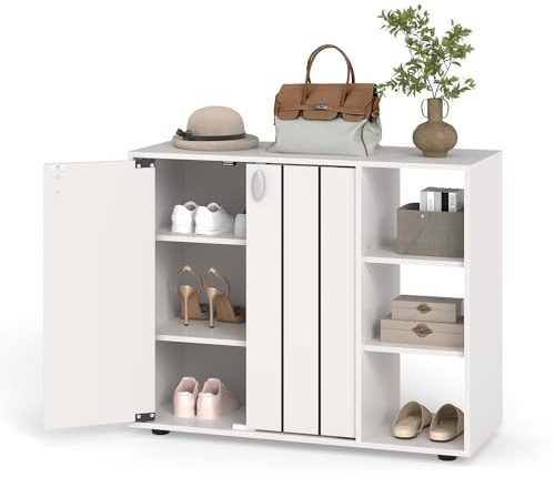 RELAX4LIFE Mobile Porta Scarpe, Organizer per Scarpe in Legno a 3 Ripiani con Ante e 3 Ripiani Regolabili, Moderno Mobile Scarpiera Autoportante per Ingresso, Corridoio, Soggiorno, Armadio (Bianco)