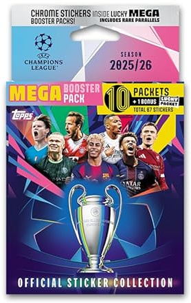 Autocollants Ligue des Champions 25/26 – Mega Booster Pack (contient 67 autocollants).