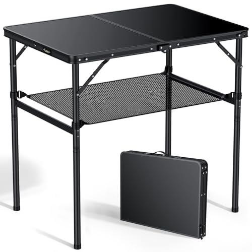 Anbte 3ft Camping Table Foldable with Storage Net, 3 Heights Max 29.5 Aluminum Camping Table with Portable Handle, Lightweight, for Travel Outdoor Beach Picnic Patio Indoor, 36 x 24, Pure Black