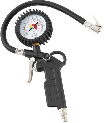 TECPO Druckluft Reifenfüllpistole, 0-12 bar / 0-170 PSI, präzises Manometer Ø 75 mm, 350 mm Schlauch, ergonomischer Abzugshebel, 1/4 Anschluss, robuste Bauweise für Werkstatt & Hobby Einsatz