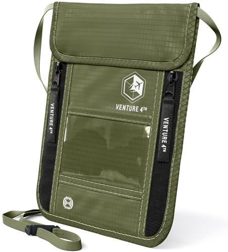 VENTURE 4TH Neck Wallet for Women & Men – RFID Blocking Passport Holder for Travel, Hidden Neck Pouch with 6 Compartments, Slim Lightweight Travel Organizer with Adjustable Strap (Green)