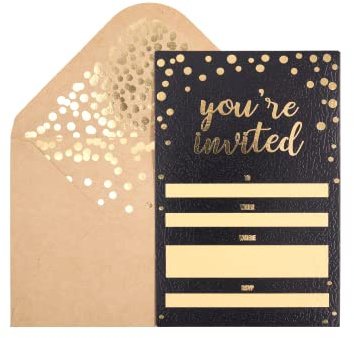 Inbjudningskort, 50 st 10 x 15 cm svarta inbjudningskort You Are Invited i guldfolie bokstäver med 52 guldkonfettifoliekuvert – för bröllop, baby shower, födelsedagsinbjudningar