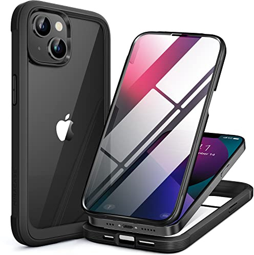 Miracase Compatible with iPhone 13 Case 6.1 inch, [Built-in Glass Screen Protector] Full Body Rubber Bumper Clear Back Case Cover (Black)