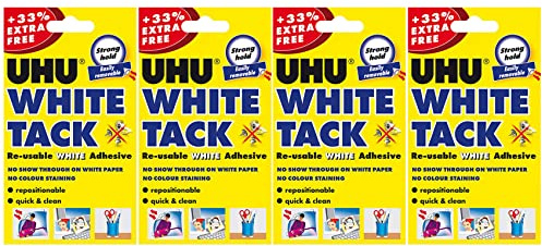 UHU WHITE TACK | Original återanvändbart klibbigt lim | Multifunktionellt | Flyttbar | Hemskola kontor (4 x förpackningar UHU - VIT TACK)