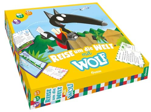 AUZOU, Reise um die Welt mit Wolf, Brettspiel ab 5 Jahren, Spannendes Familienspiel mit Wolf-Figur, Länder entdecken und Postkarten versenden, Für 2-6 Spieler ab 5 Jahren