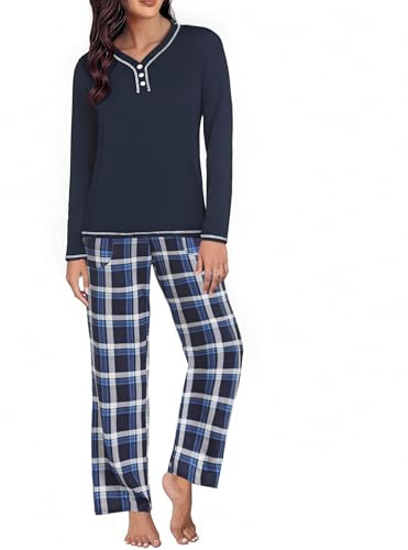Uniexcosm Women's Pyjama Sets Cotton Checked Loungewear Set