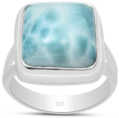 Silver Palace Bague en forme de coussin naturel Larimar en argent sterling 925 pour femme, Métal, Larimar