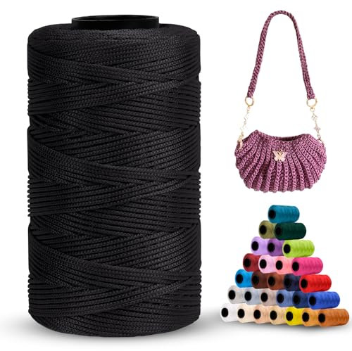 LEREATI Polyester Macrame Cord 1mm x 230m, Polyester Yarn for Crocheting, Braided Polypropylene Crochet Bag Cord Macrame Yarn for Handbag, Beading, DIY Crafts (Black)