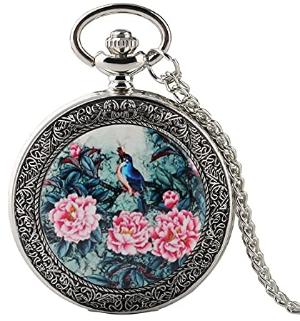 Fickur, Fickur Silver Kvarts Fickur Vivid Bird On The Tree med utsökta blommönster Halsband Hänge Presenter Kedjeklocka (Färg: Flerfärgad)