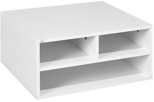 HOMCOM Desktop Printer Stand with Storage, 2-Tier, for Home Office, White | Desk Organizer, 3 Open Compartments