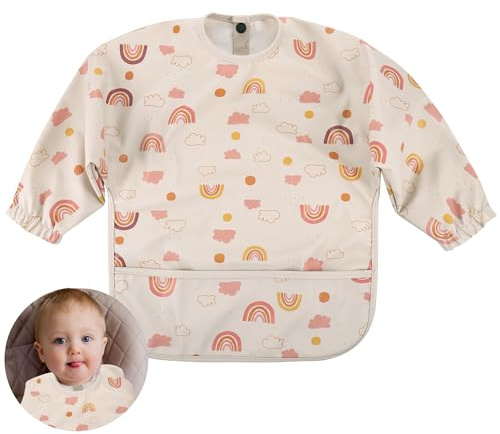 Huiguli Baberos Bebe Impermeables con Mangas, Babero Complementario Bebe, Babero de Destete de Manga Suave y Cómodo con Grandes Bolsillos(B)