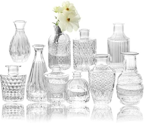 Glass Bud Vase Set of 5, Mini Clear Bud Vase for Centerpieces in Bulk, Small Vintage Flower Vases for Weddings Parties Home Table Decorative
