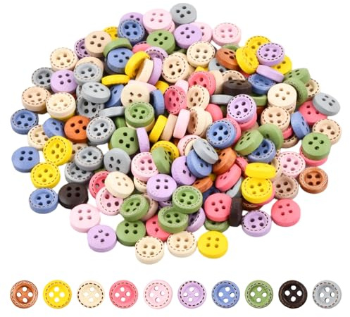 Luxvara 200 Piezas Botones de Colores Decorativos Surtidos, Botones Redondos de Colores de Madera, Multicolor Botón Redondo para Coser, Bricolaje, Costura y Scrapbooking, Madera, 4 Agujeros