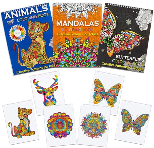 PIWOSGOL Set De 3 Libros Para Colorear Para Adultos, Encuadernación En Espiral, 60 Diseños: Mandalas, Animales y Mariposas, Libro De Colorear Antiestrés y Relajante
