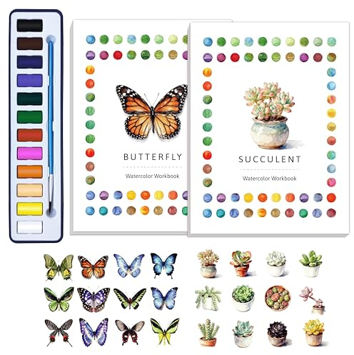 CraftyManor 2Pcs Watercolor Workbook Creative Water Color Paint Book Set with Paints & Brush, 12 Patterns of Original DIY Designs, Beginner-Friendly Adult Coloring Books (Butterfly & Succulent)