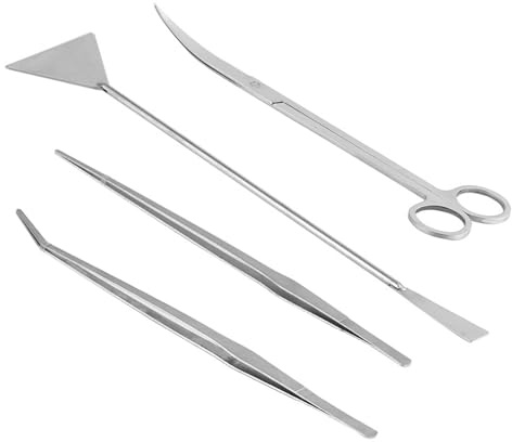 UCFBWO 4 in 1 Set di Attrezzi per Acquario in Acciaio lnox Kit, Pinzette Forbici Spatola Accessori Acquario Accessori per L'acquario Landscaping Pulizia e Kit Piante Acquatiche