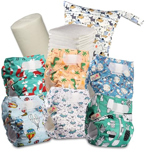 Littles & Bloomz Pañales Reutilizables – Pañales de Tela Tipo Bolsillo con Cierre de Gancho y Bucle en la Cintura, 6 Pañales + 6 Insertos de Microfibra, Forros de Bambú y Bolsa Impermeable, 620VM6