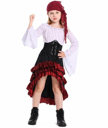 DaPongZhi Abito da Pirata per Bambini Costume Carnevale Ragazza con Camicia,Gonna,Foulard Costume Pirata Perfetto per Carnevale Giochi di Ruolo e Feste a Tema con Avventura e Mistero