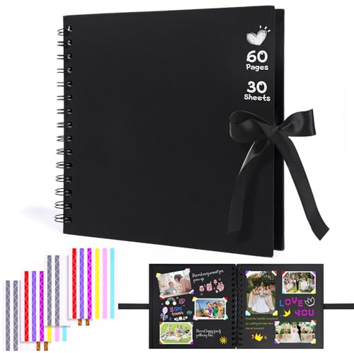 Album Fotos para Pegar y Escribir 60 Páginas Scrapbook 21,5 x 20,5 cm Album Fotos con Esquinas Adhesiva, Cuaderno Negro Hojas Negras para Cumpleaños Aniversario de Boda Regalo de Cumpleaños