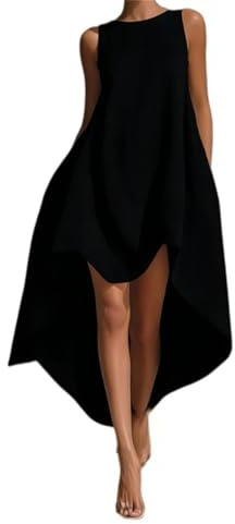 Abito Midi da Donna in Lino, Senza Maniche e con Orlo Asimmetrico; Modello Fluido High-Low Ideale per L'Estate e Le Vacanze al Mare, con Scollo Rotondo (Black,M)