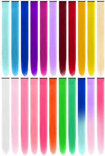 TOFAFA 22 Pcs Colored Hair Extensions, Multi-colors Party Highlights Clip in Synthetic Hair Extensions 22 inch Rainbow Hairpieces for Girls Women Cosplay Party Favor Gift(Colorful Set)