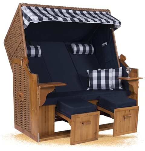 Strandkorb Hanse Strandkorb Ostsee ROYAL XXL Volllieger - 2,5 Sitzer 150cm extra breit - ideal für Garten, Terrasse oder Balkon (Blau Weiß Kariert Uni, Montiert)