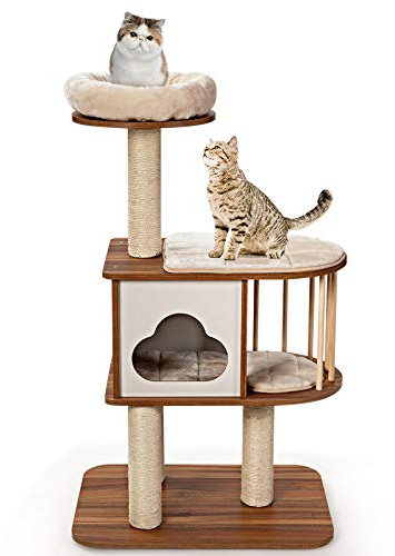 COSTWAY Mueble para Gatos Árbol Actividad para Gatos con Poste Rascador y Colchonetas Casa de Madera de Gato 68x48x117centímetros