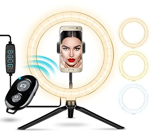GOLDVIVER® | Ringleuchte Dimmbar – 10 Zoll Ringlicht mit Stativ & Bluetooth Selbstauslöser – 10 Helligkeitsstufen & 3 Farben – Für Selfies, Tik Tok, YouTube & Videos