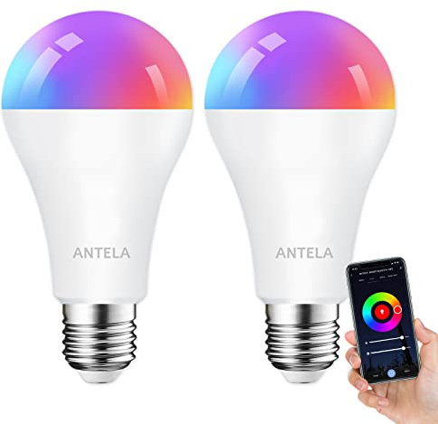 ANTELA Ampoule Connectée WiFi E27 A65 12W 1350LM LED Intelligente RGB+CCT 2700K-6500K Compatible avec Alexa, Google Home, Commande Vocale, 2 PCS