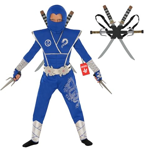 Morph Deluxe Blå Ninja-kostym för pojkar med ninjor leksak svärd tillbehör, barn ninja-kostymer, pojke halloweenkostym, småbarn 3-4 år