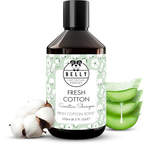 Belly® Hundeshampoo Sensitiv gegen Geruch – Veganes Dog Shampoo mit Aloe Vera & Kamille –250ml– Frischer Baumwoll-Duft – pH-neutral, allergen- & parabenfrei – Für empfindliche Hundehaut & Welpen